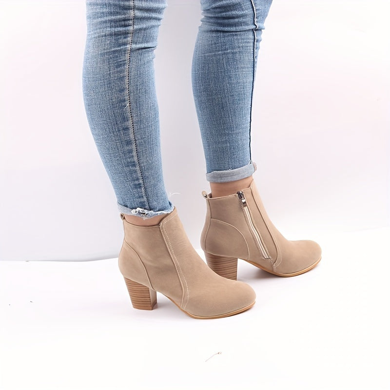 Briella | Women's Ankle Boots with Block Heel & Side Zip - Beige - Image 6