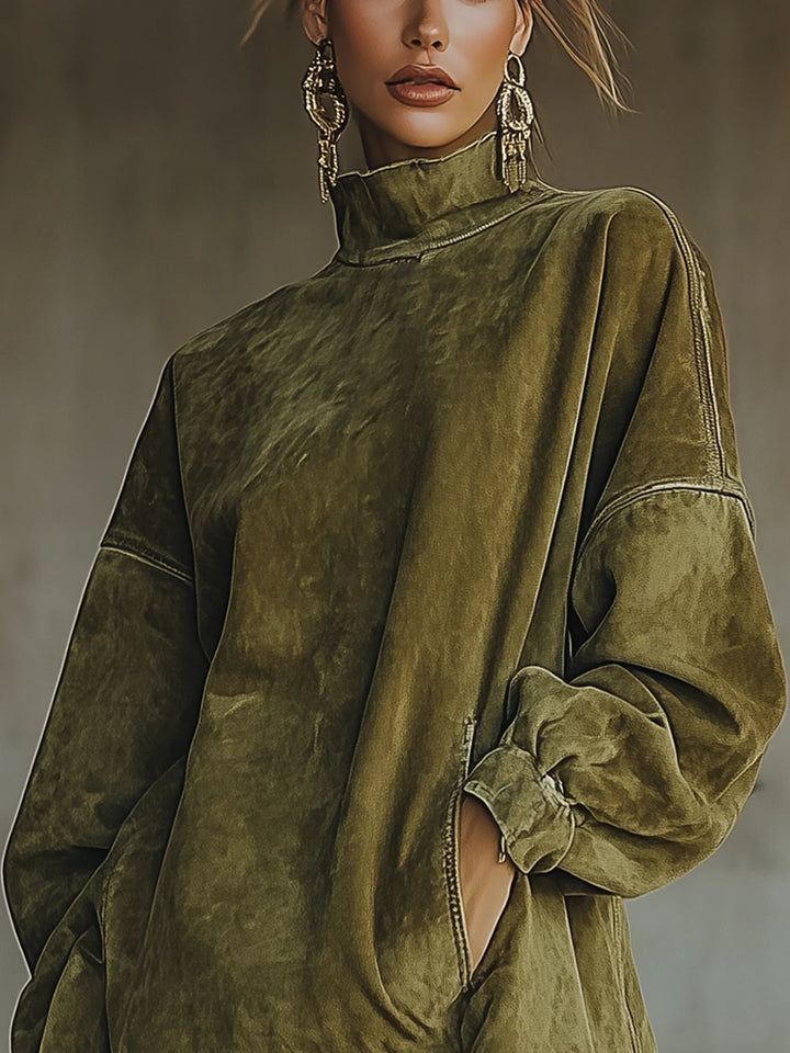Briella | Women's Knit Sweater Dress with Fringe Hem - Olive Green - Image 2
