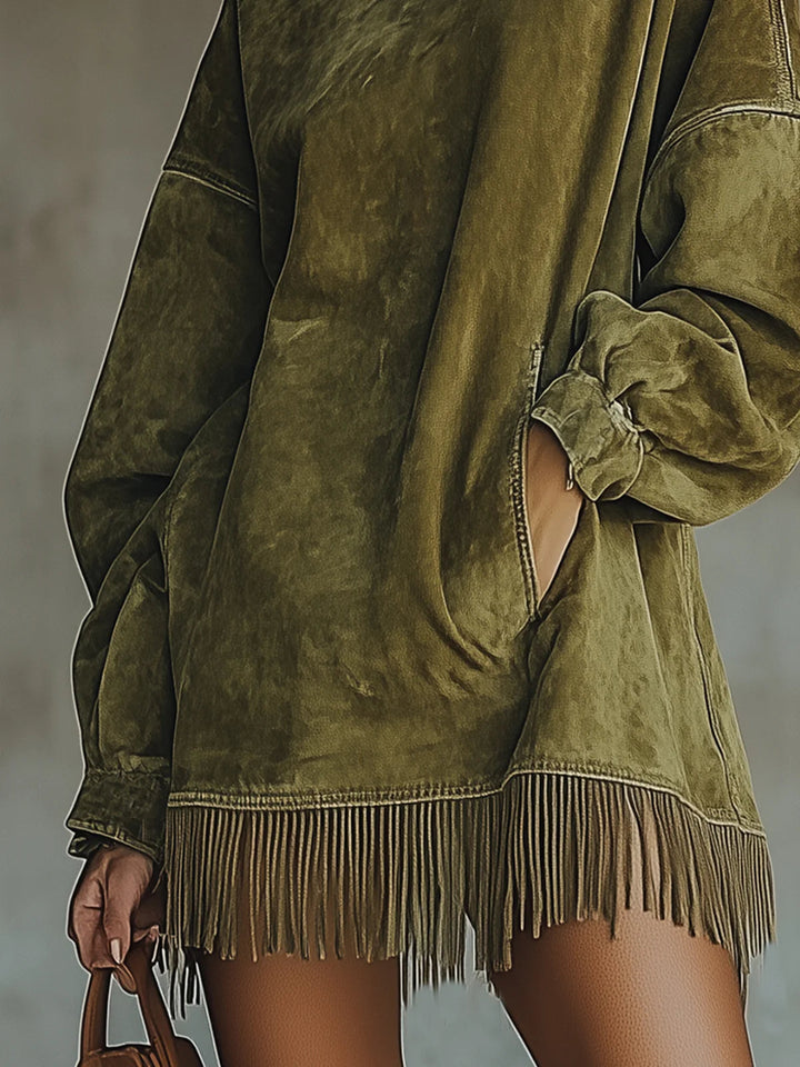Briella | Women's Knit Sweater Dress with Fringe Hem - Olive Green - Image 3