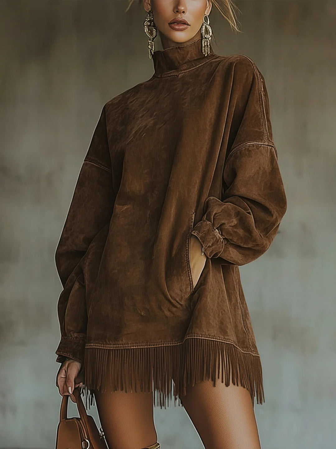 Briella | Women's Knit Sweater Dress with Fringe Hem - Olive Green - Image 4
