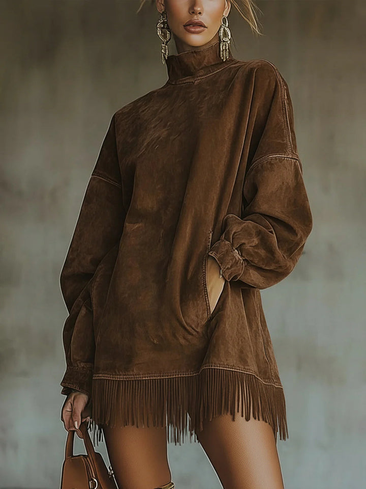 Briella | Women's Knit Sweater Dress with Fringe Hem - Olive Green - Image 4