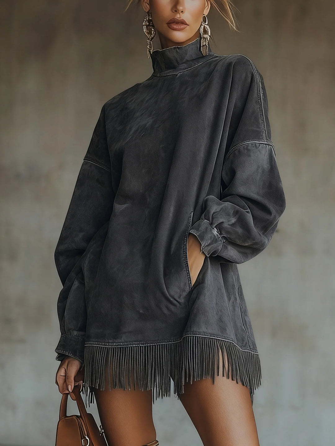 Briella | Women's Knit Sweater Dress with Fringe Hem - Olive Green - Image 5