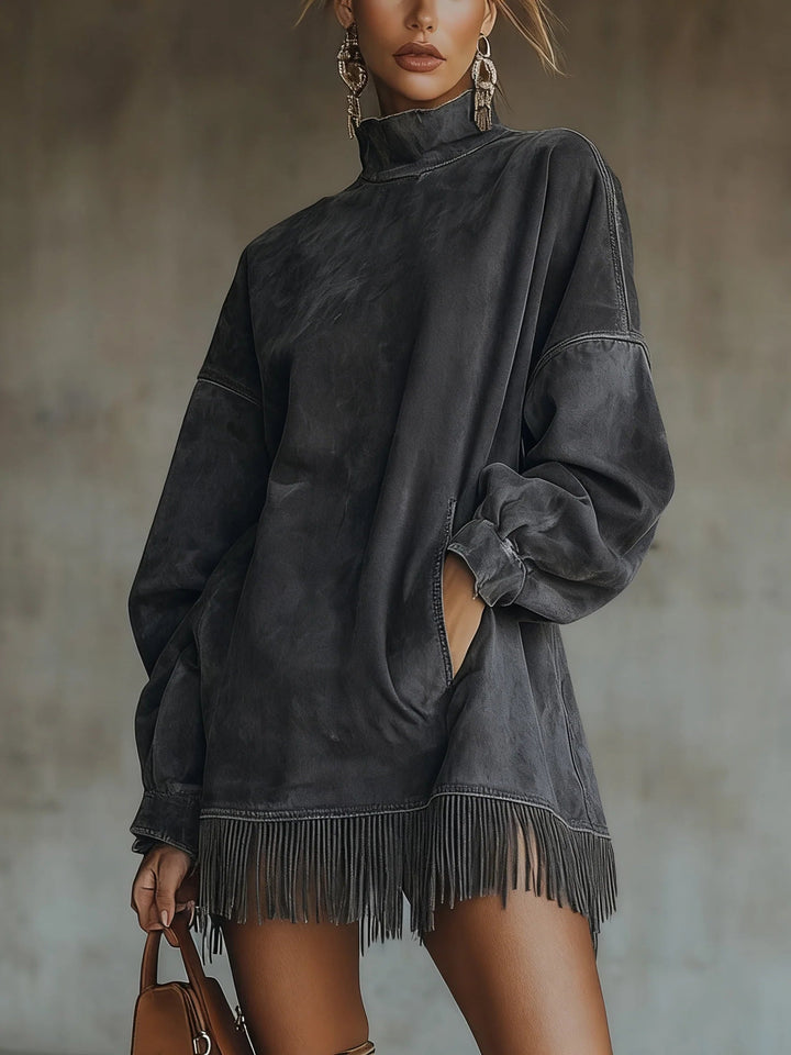Briella | Women's Knit Sweater Dress with Fringe Hem - Olive Green - Image 5