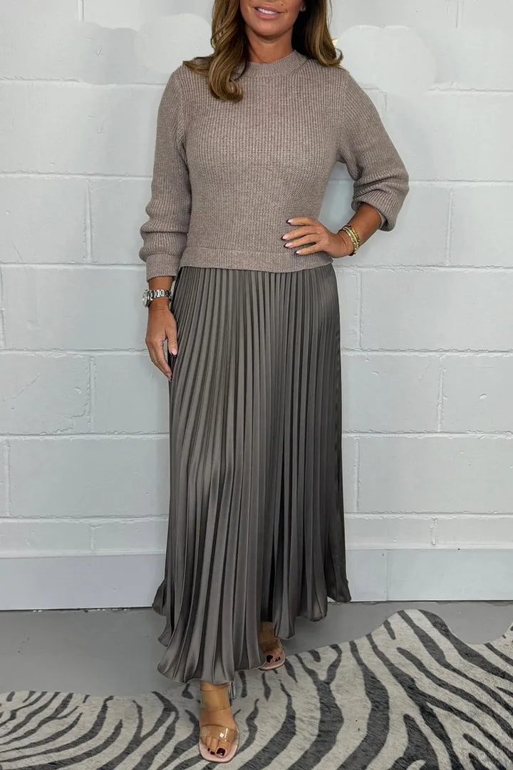 Brienna | Women's Knit Sweater Midi Dress with Pleated Skirt - Taupe - Image 1