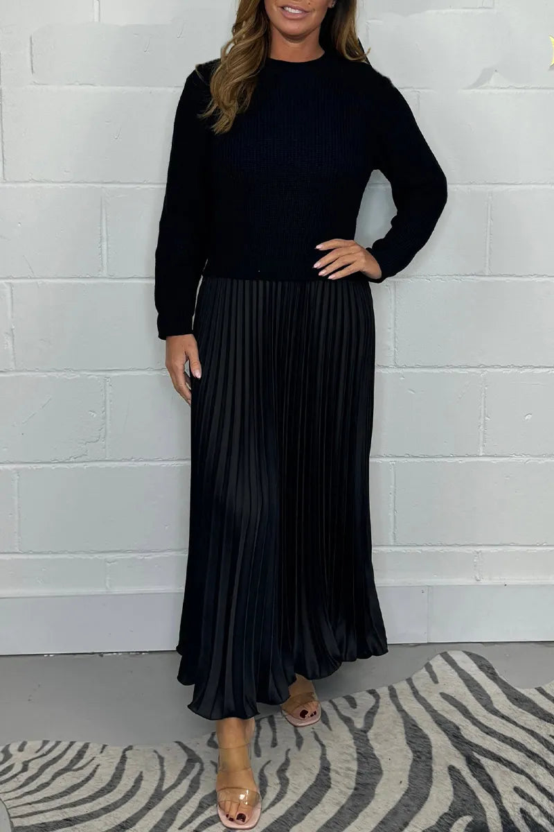 Brienna | Women's Knit Sweater Midi Dress with Pleated Skirt - Taupe - Image 2