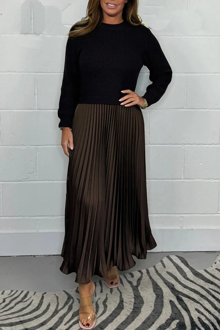 Brienna | Women's Knit Sweater Midi Dress with Pleated Skirt - Taupe - Image 3