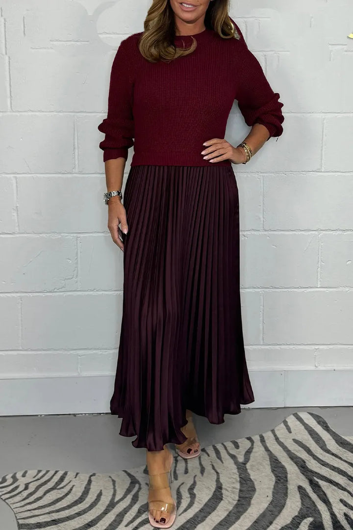 Brienna | Women's Knit Sweater Midi Dress with Pleated Skirt - Taupe - Image 4