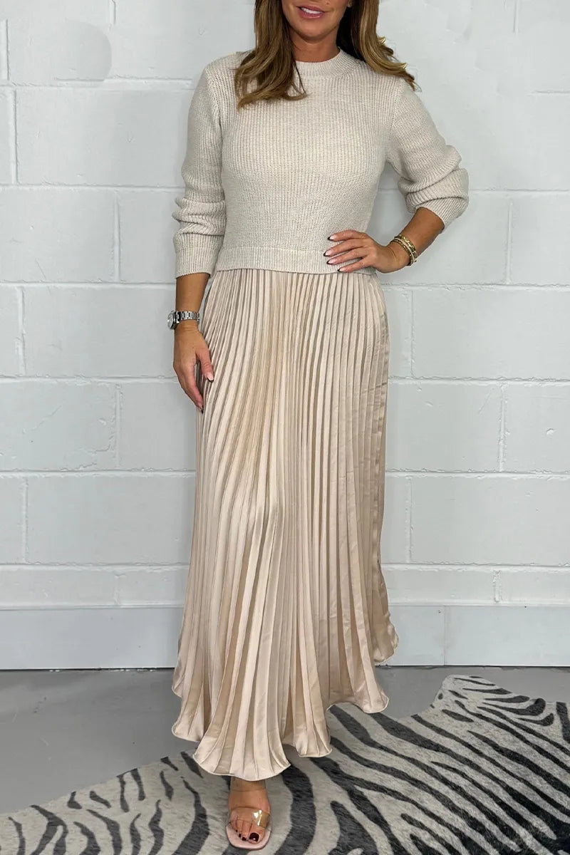 Brienna | Women's Knit Sweater Midi Dress with Pleated Skirt - Taupe - Image 6