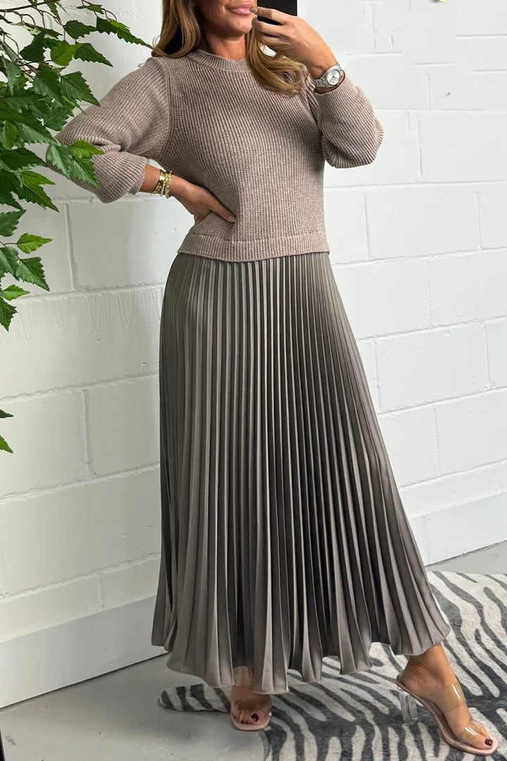 Brienna | Women's Knit Sweater Midi Dress with Pleated Skirt - Taupe - Image 8