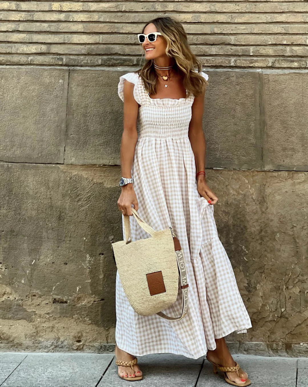 Briona | Women's Gingham Smocked Square Neck Maxi Dress - Beige - Image 1