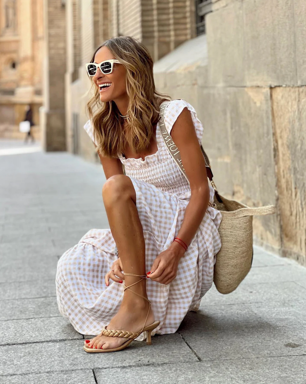 Briona | Women's Gingham Smocked Square Neck Maxi Dress - Beige - Image 2