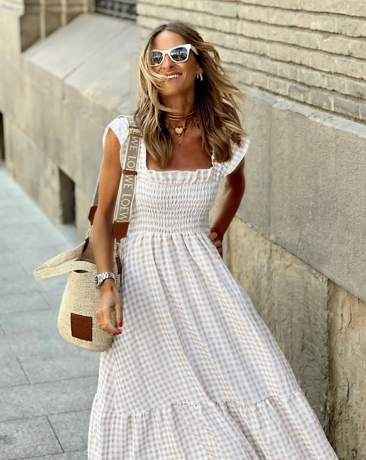 Briona | Women's Gingham Smocked Square Neck Maxi Dress - Beige - Image 3