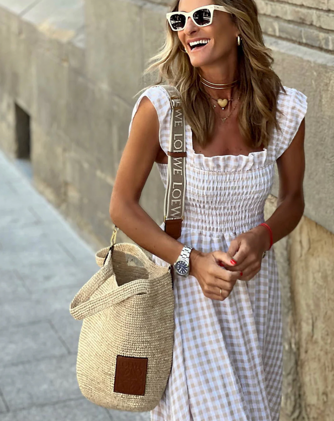 Briona | Women's Gingham Smocked Square Neck Maxi Dress - Beige - Image 4
