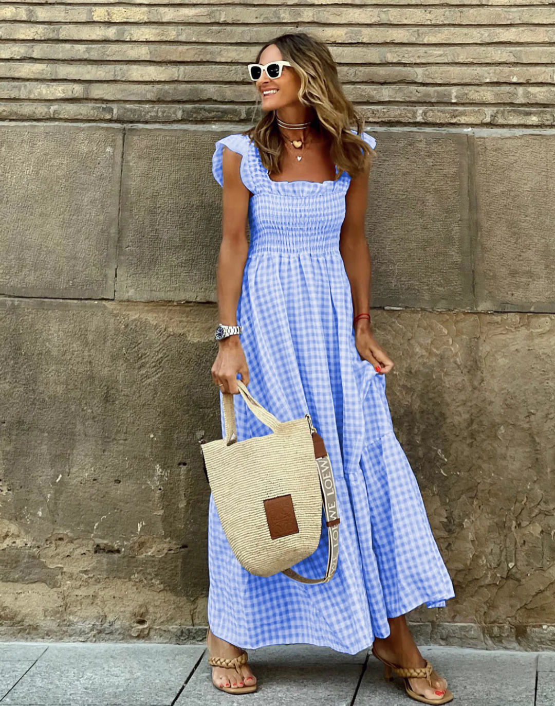 Briona | Women's Gingham Smocked Square Neck Maxi Dress - Beige - Image 5