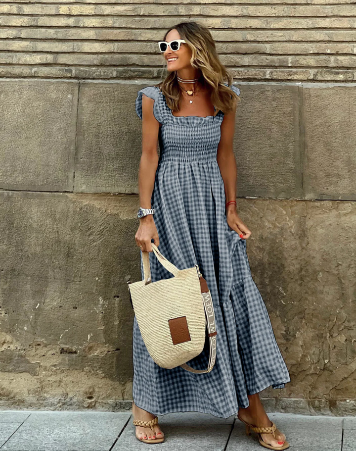 Briona | Women's Gingham Smocked Square Neck Maxi Dress - Beige - Image 6