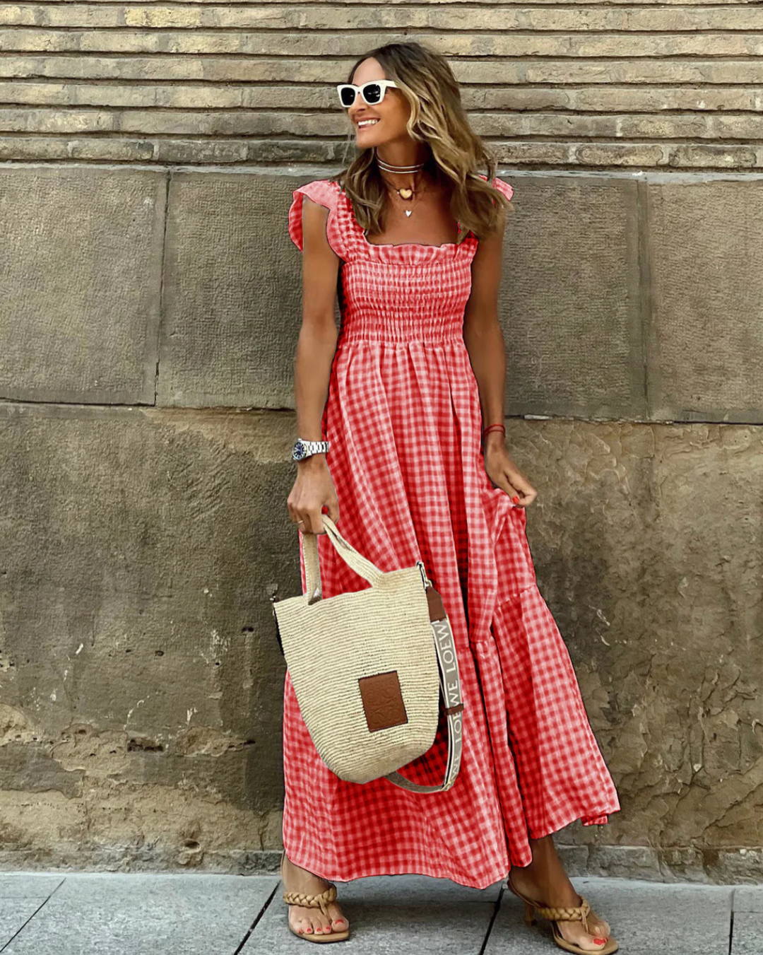 Briona | Women's Gingham Smocked Square Neck Maxi Dress - Beige - Image 7