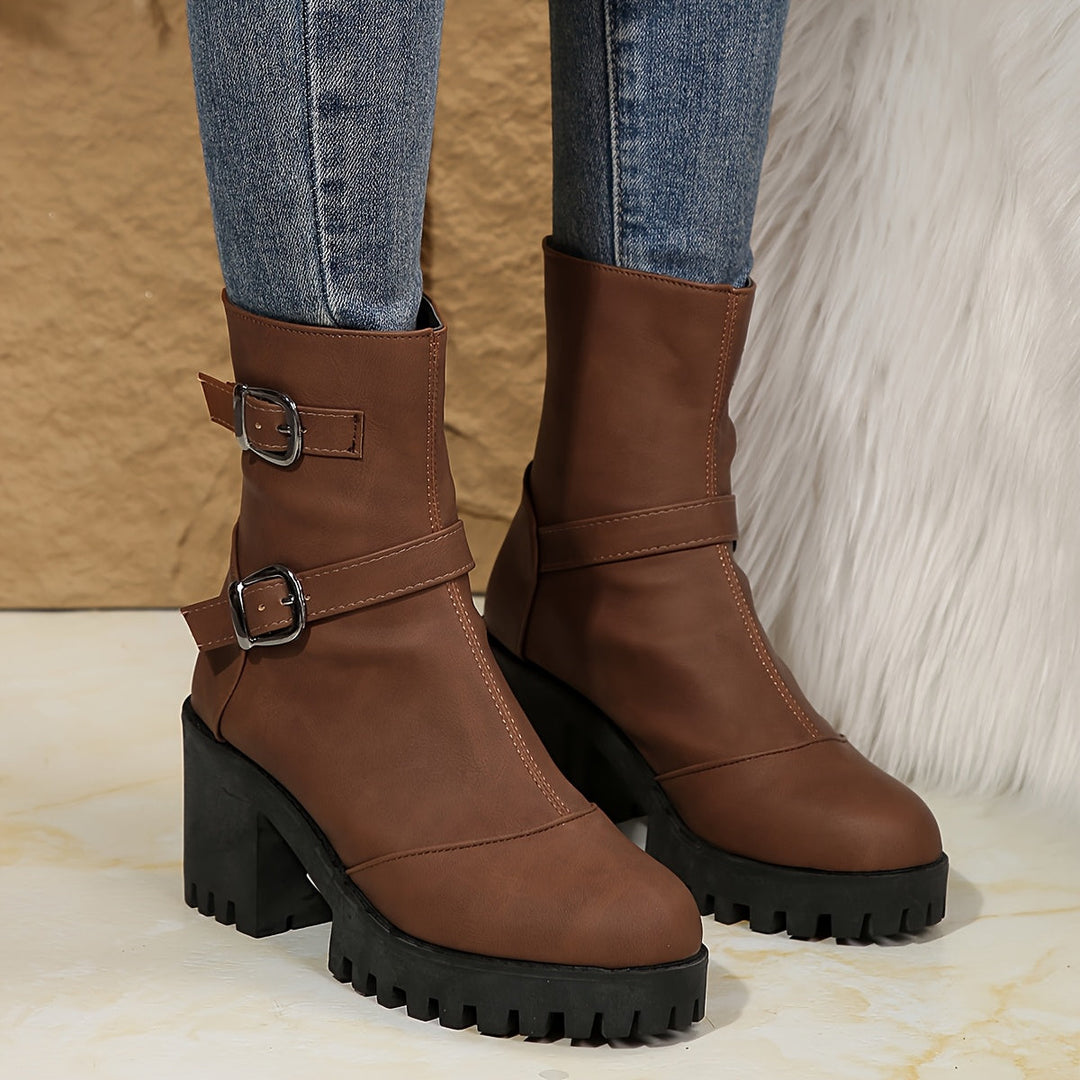Britta | Women's Block Heel Ankle Boot with Buckle Straps - Camel - Image 11