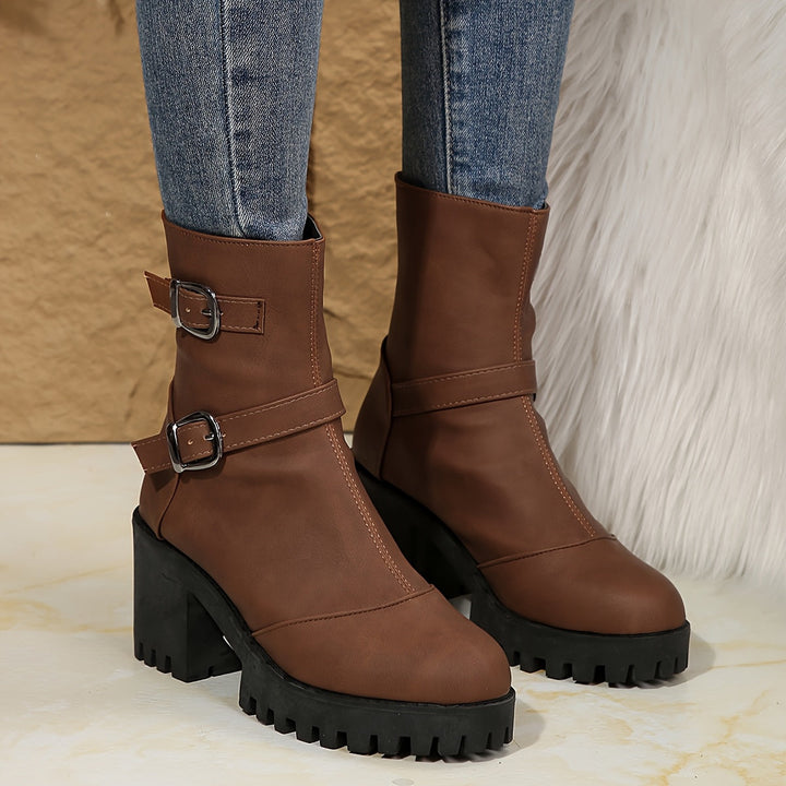 Britta | Women's Block Heel Ankle Boot with Buckle Straps - Camel - Image 11