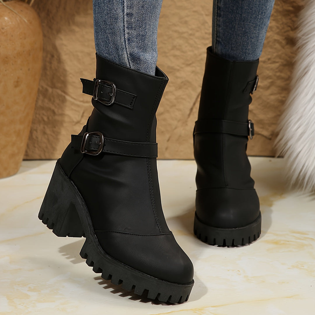 Britta | Women's Block Heel Ankle Boot with Buckle Straps - Camel - Image 13
