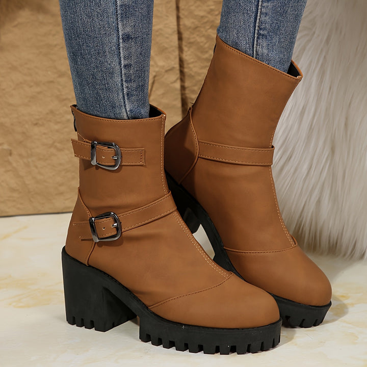 Britta | Women's Block Heel Ankle Boot with Buckle Straps - Camel - Image 4