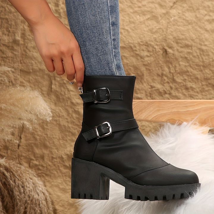 Britta | Women's Block Heel Ankle Boot with Buckle Straps - Camel - Image 5