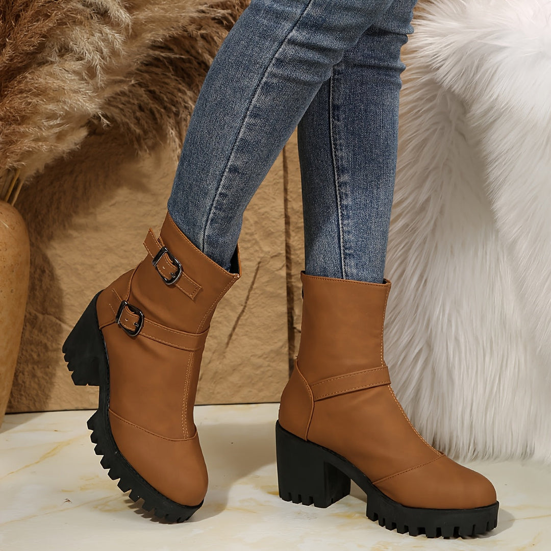 Britta | Women's Block Heel Ankle Boot with Buckle Straps - Camel - Image 7