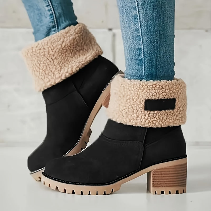 Britta | Women's Fleece Lined Ankle Boots with Block Heel - Black - Image 1