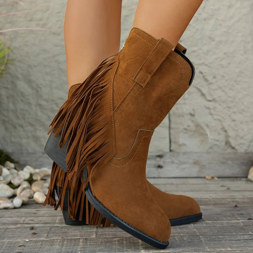 Calista | Women's Wide Calf Western Fringe Cowboy Boots - Brown - Image 2