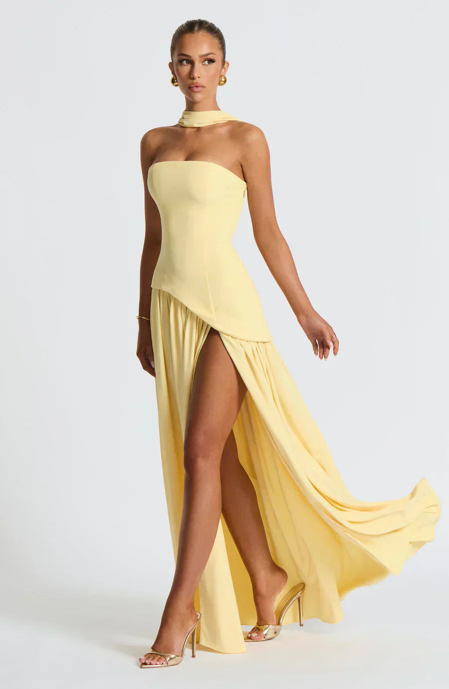 Calixta | Women's Strapless High Slit Formal Maxi Dress - Yellow - Image 1