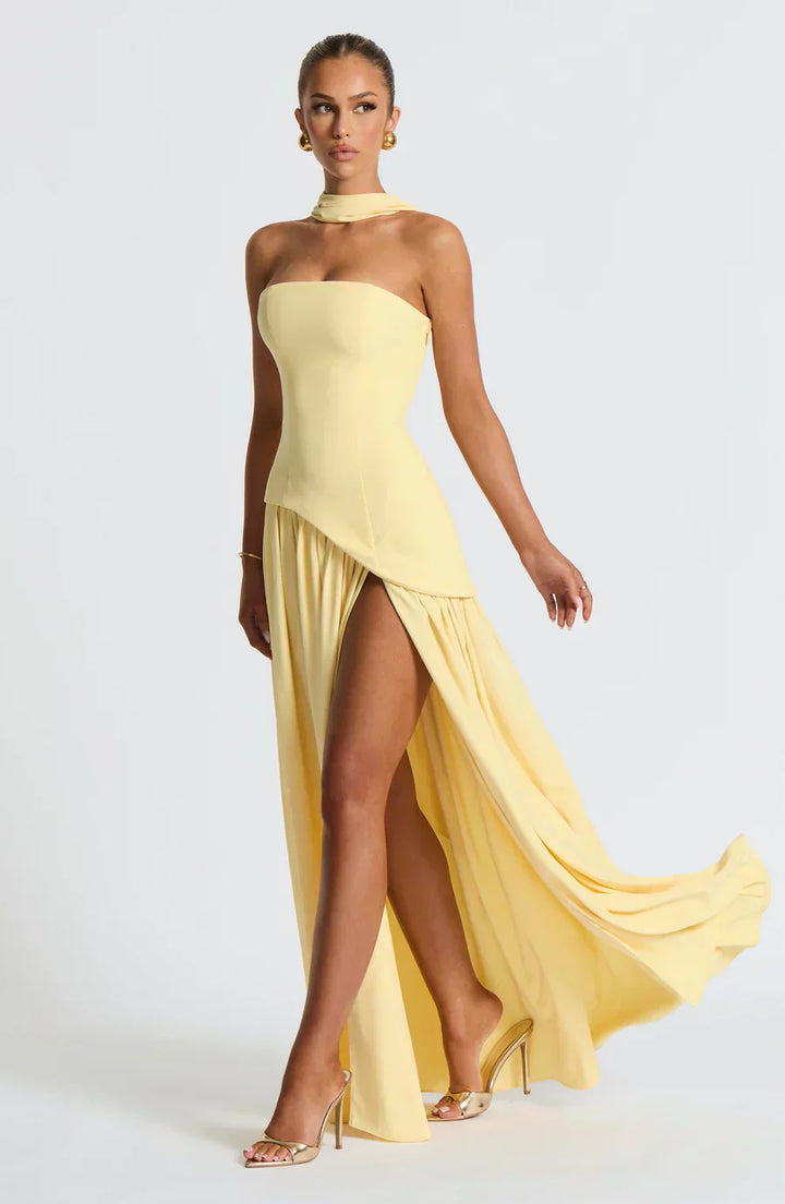 Calixta | Women's Strapless High Slit Formal Maxi Dress - Yellow - Image 1