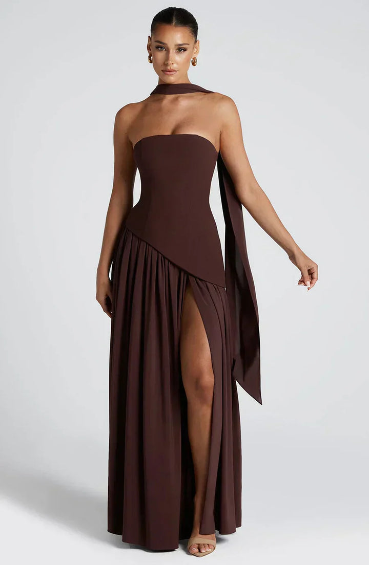 Calixta | Women's Strapless High Slit Formal Maxi Dress - Yellow - Image 13