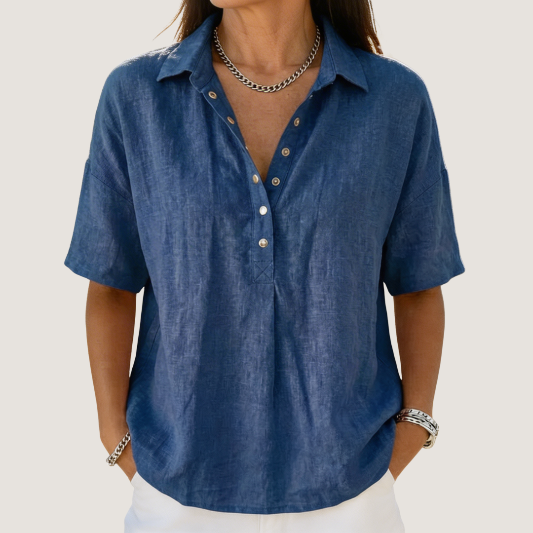 Calla | Women's Collared Short Sleeve Button-Up Blouse - Blue - Image 1