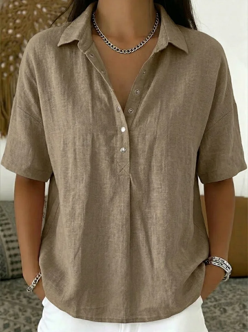 Calla | Women's Collared Short Sleeve Button-Up Blouse - Blue - Image 2