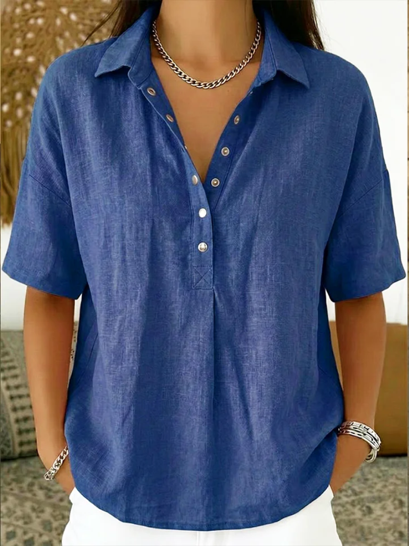 Calla | Women's Collared Short Sleeve Button-Up Blouse - Blue - Image 3
