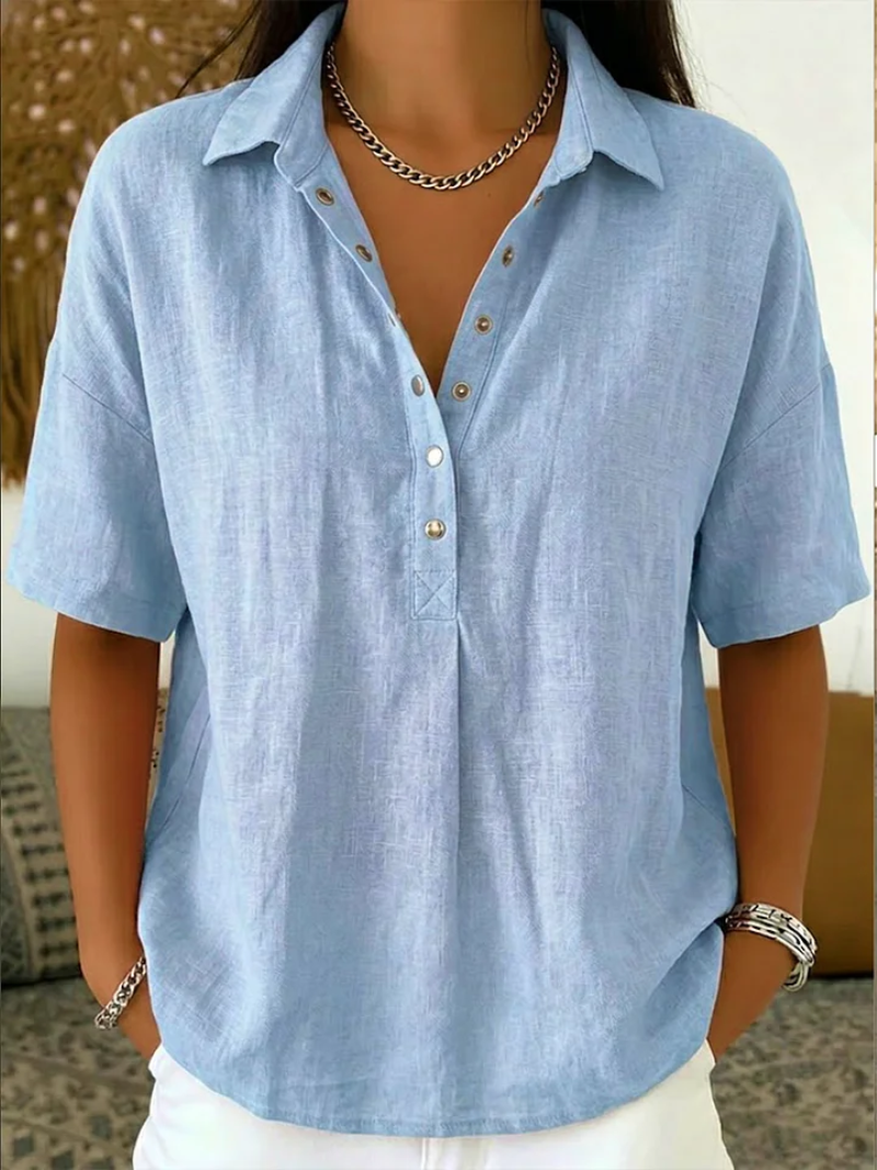 Calla | Women's Collared Short Sleeve Button-Up Blouse - Blue - Image 4