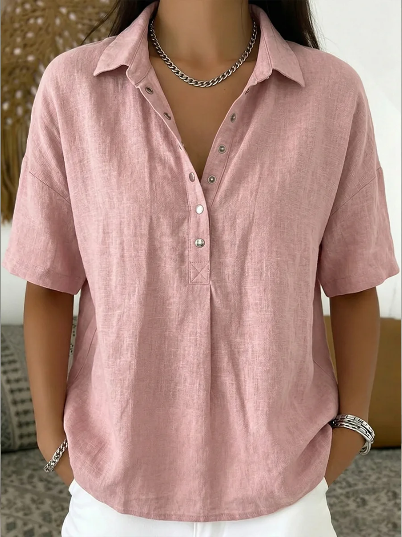 Calla | Women's Collared Short Sleeve Button-Up Blouse - Blue - Image 6