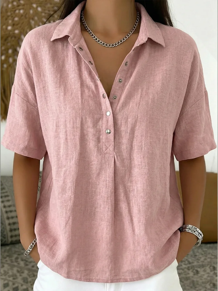 Calla | Women's Collared Short Sleeve Button-Up Blouse - Blue - Image 6