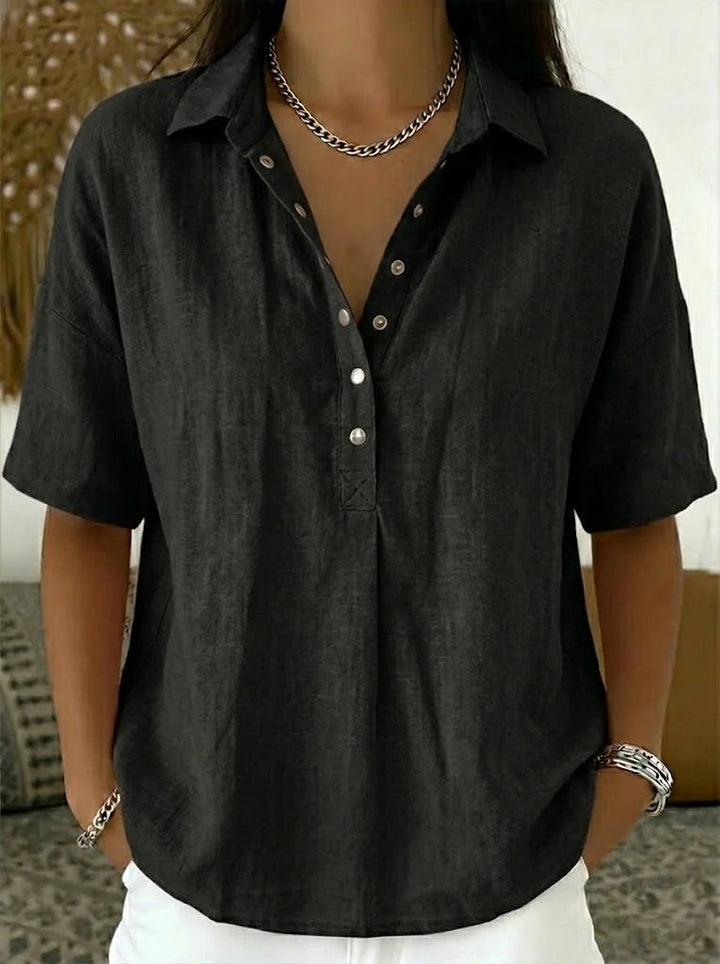Calla | Women's Collared Short Sleeve Button-Up Blouse - Blue - Image 7