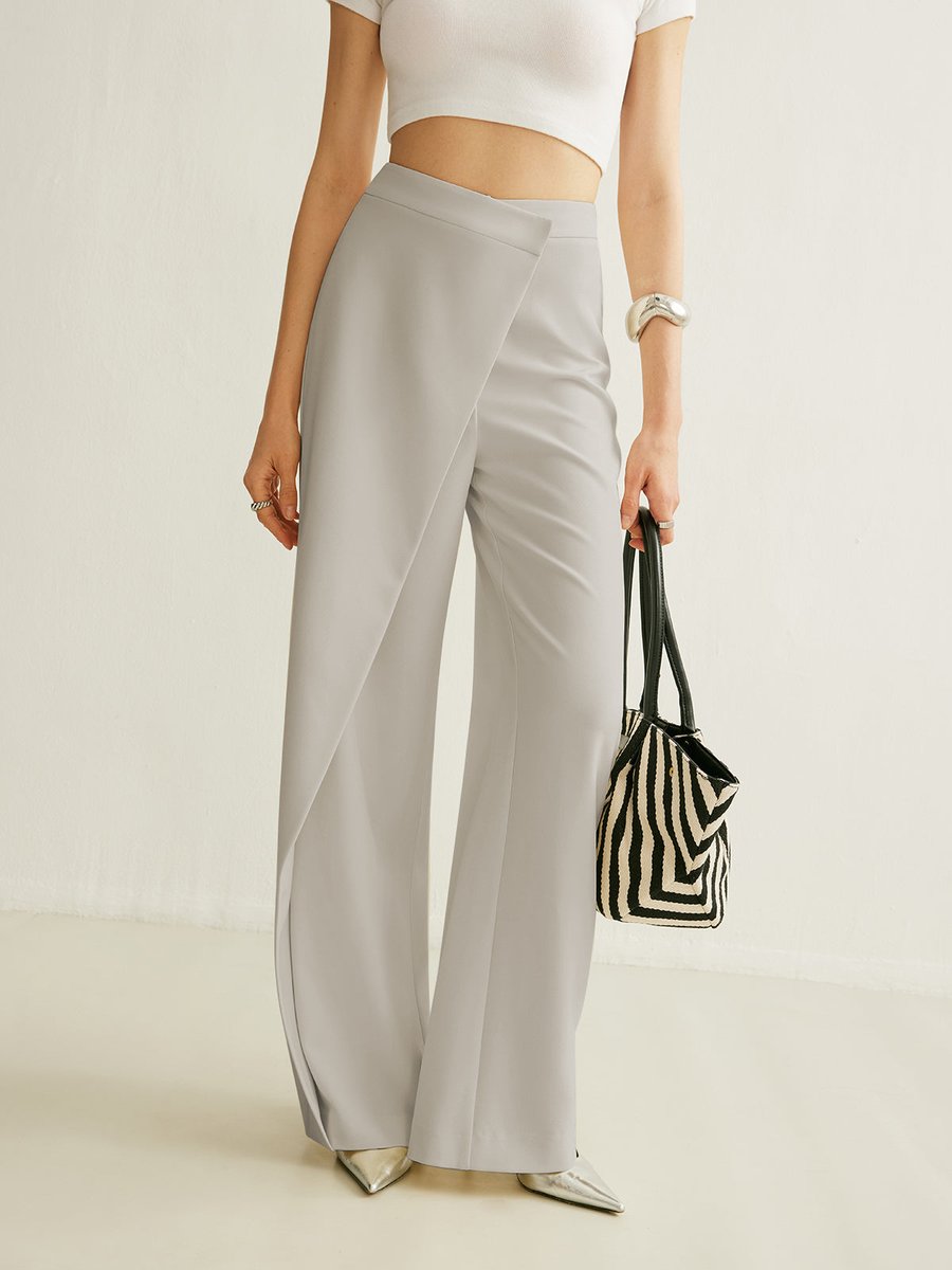 Calla | Women's High Waist Asymmetric Wide Leg Pants - Light Grey - Image 1