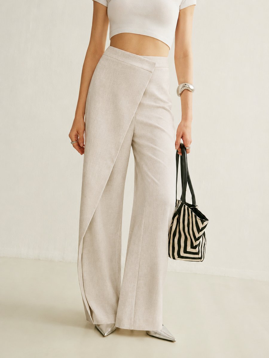 Calla | Women's High Waist Asymmetric Wide Leg Pants - Light Grey - Image 2
