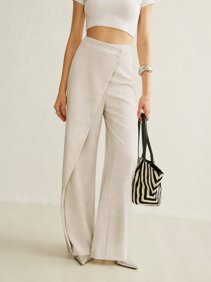 Calla | Women's High Waist Asymmetric Wide Leg Pants - Light Grey - Image 2