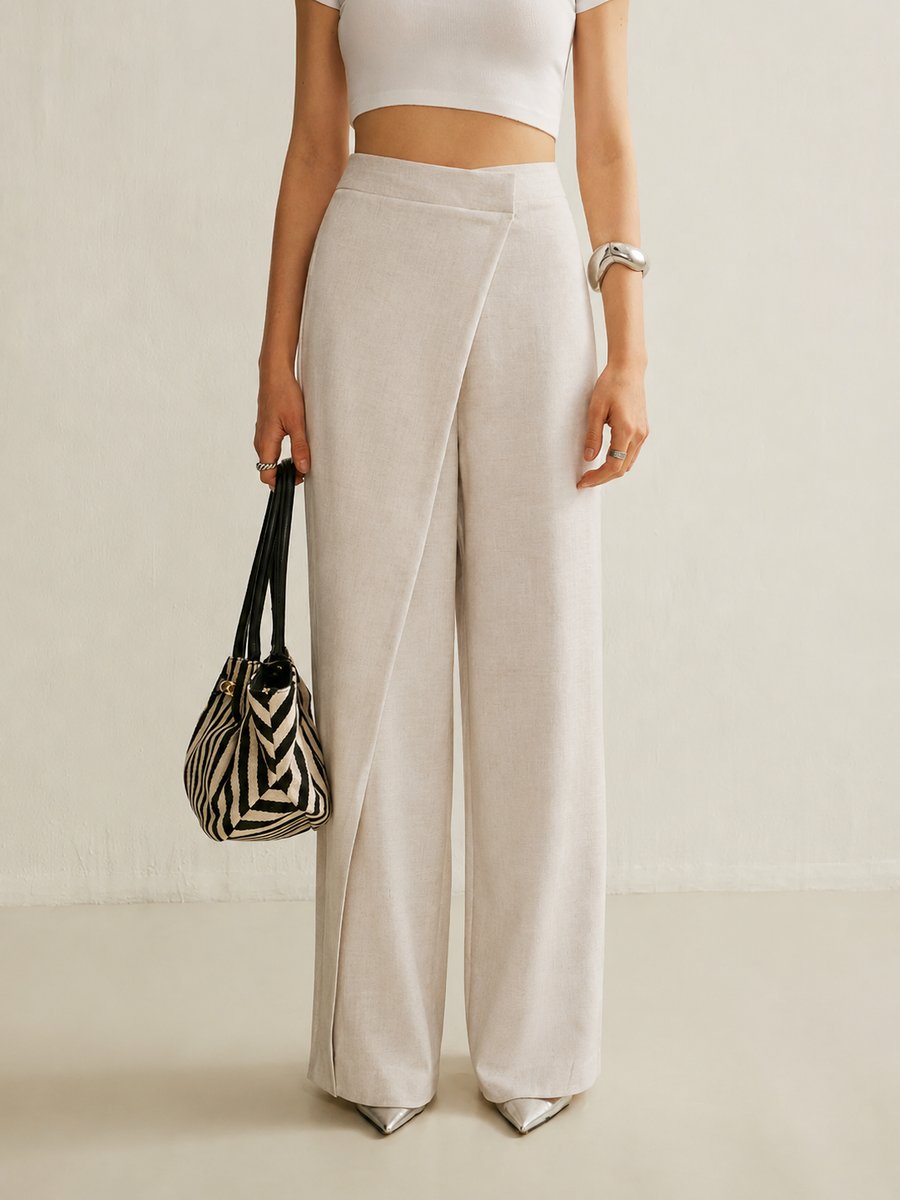 Calla | Women's High Waist Asymmetric Wide Leg Pants - Light Grey - Image 3