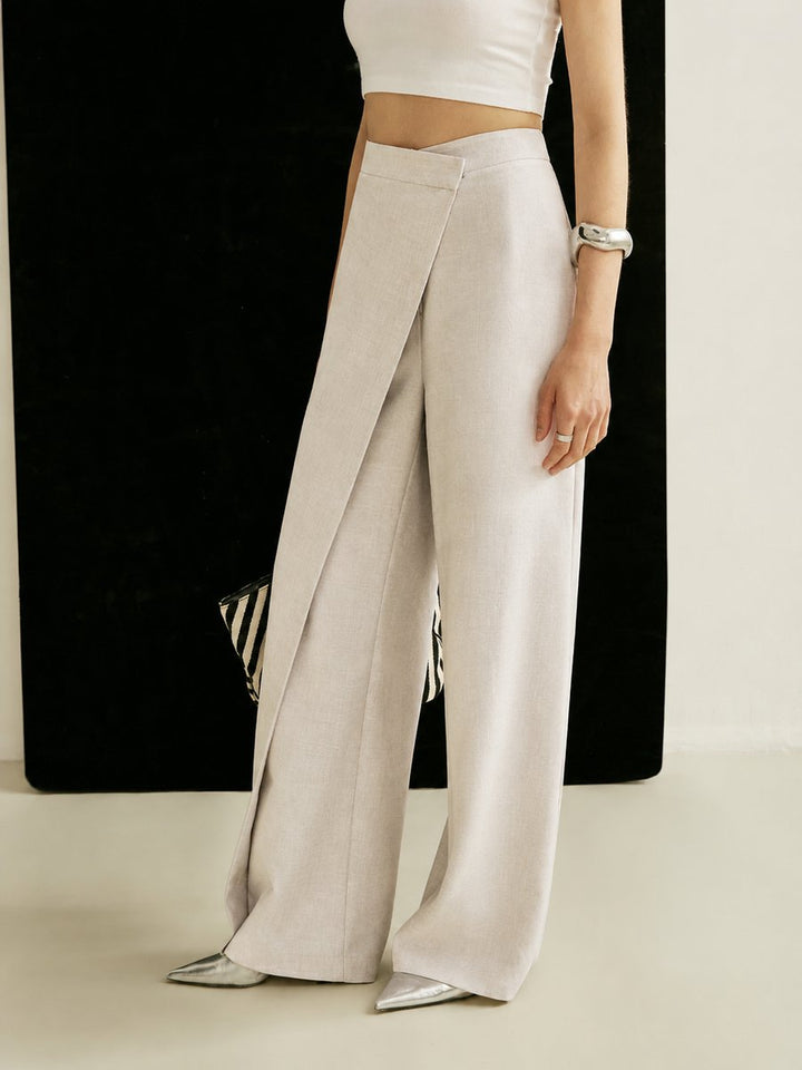 Calla | Women's High Waist Asymmetric Wide Leg Pants - Light Grey - Image 4