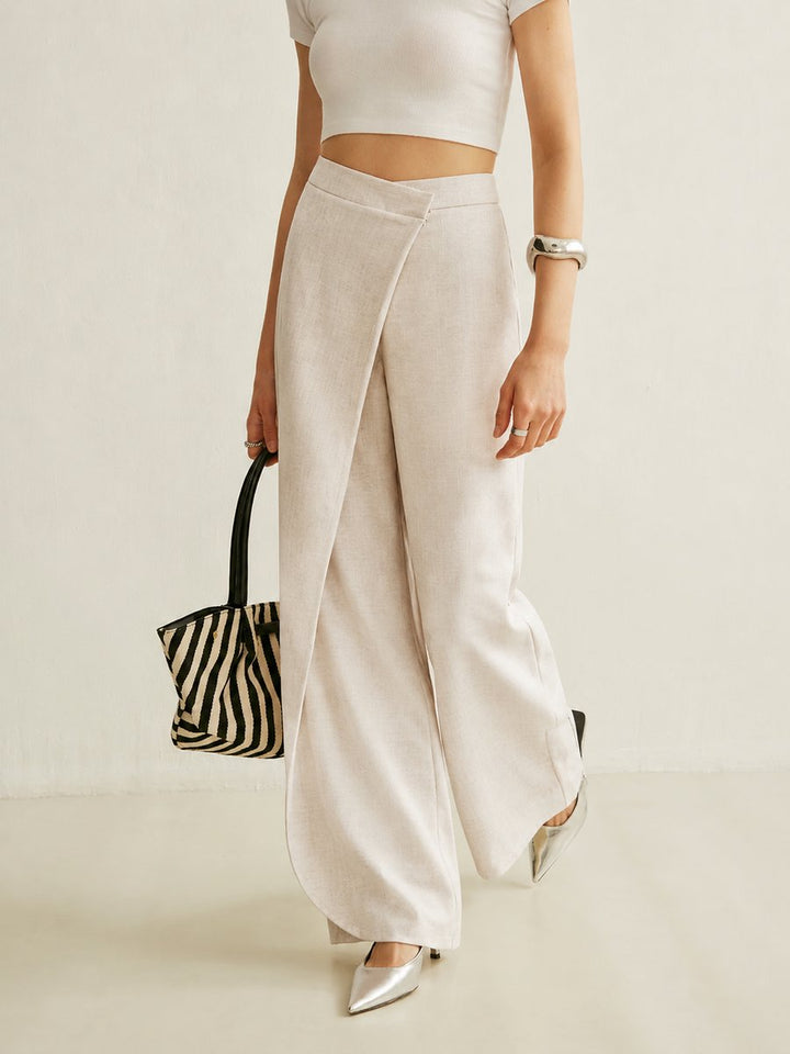 Calla | Women's High Waist Asymmetric Wide Leg Pants - Light Grey - Image 5