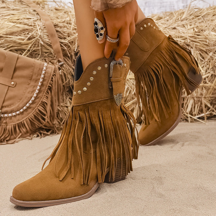 Calla | Women's Wide Calf Western Fringe Cowboy Boots - Camel - Image 1