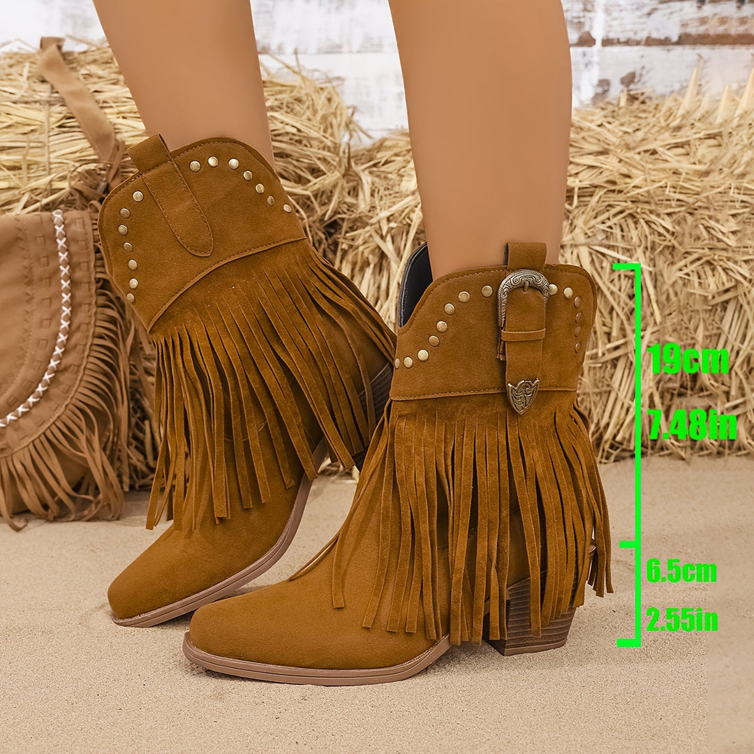 Calla | Women's Wide Calf Western Fringe Cowboy Boots - Camel - Image 6