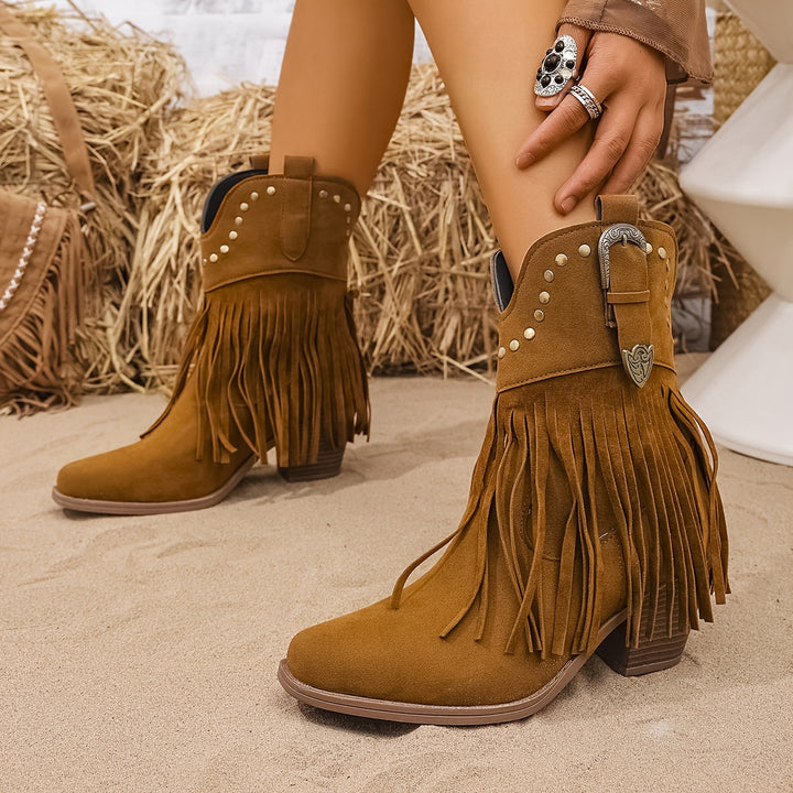 Calla | Women's Wide Calf Western Fringe Cowboy Boots - Camel - Image 7