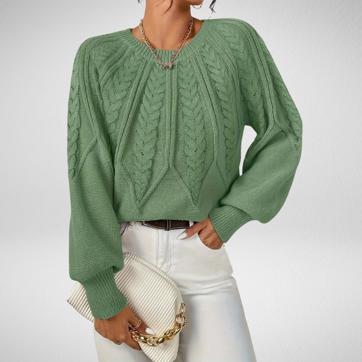 Calvina | Women's Cable Knit Crew Neck Sweater - Sage - Image 1