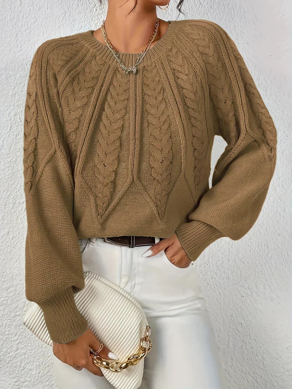 Calvina | Women's Cable Knit Crew Neck Sweater - Sage - Image 11