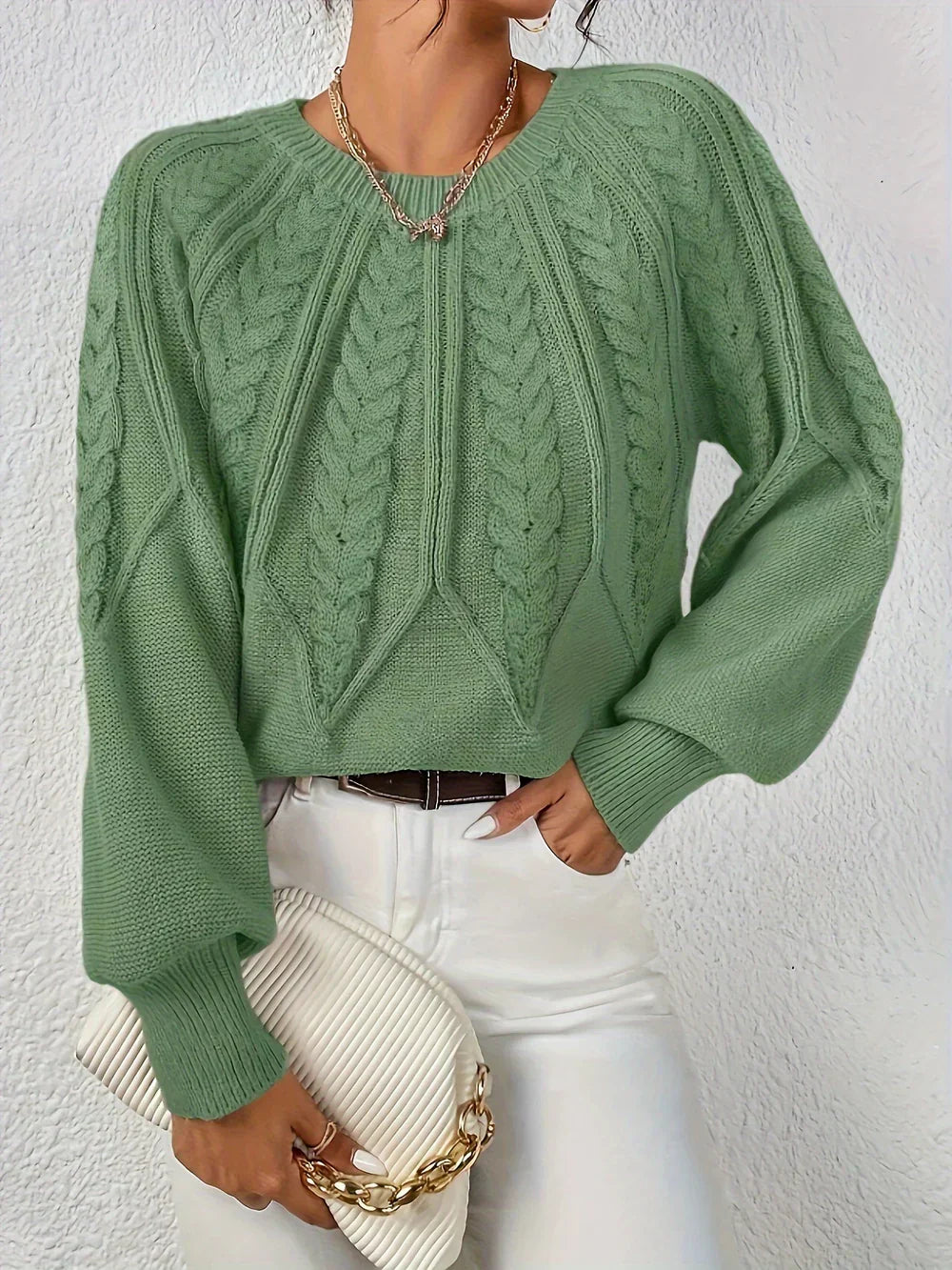 Calvina | Women's Cable Knit Crew Neck Sweater - Sage - Image 2